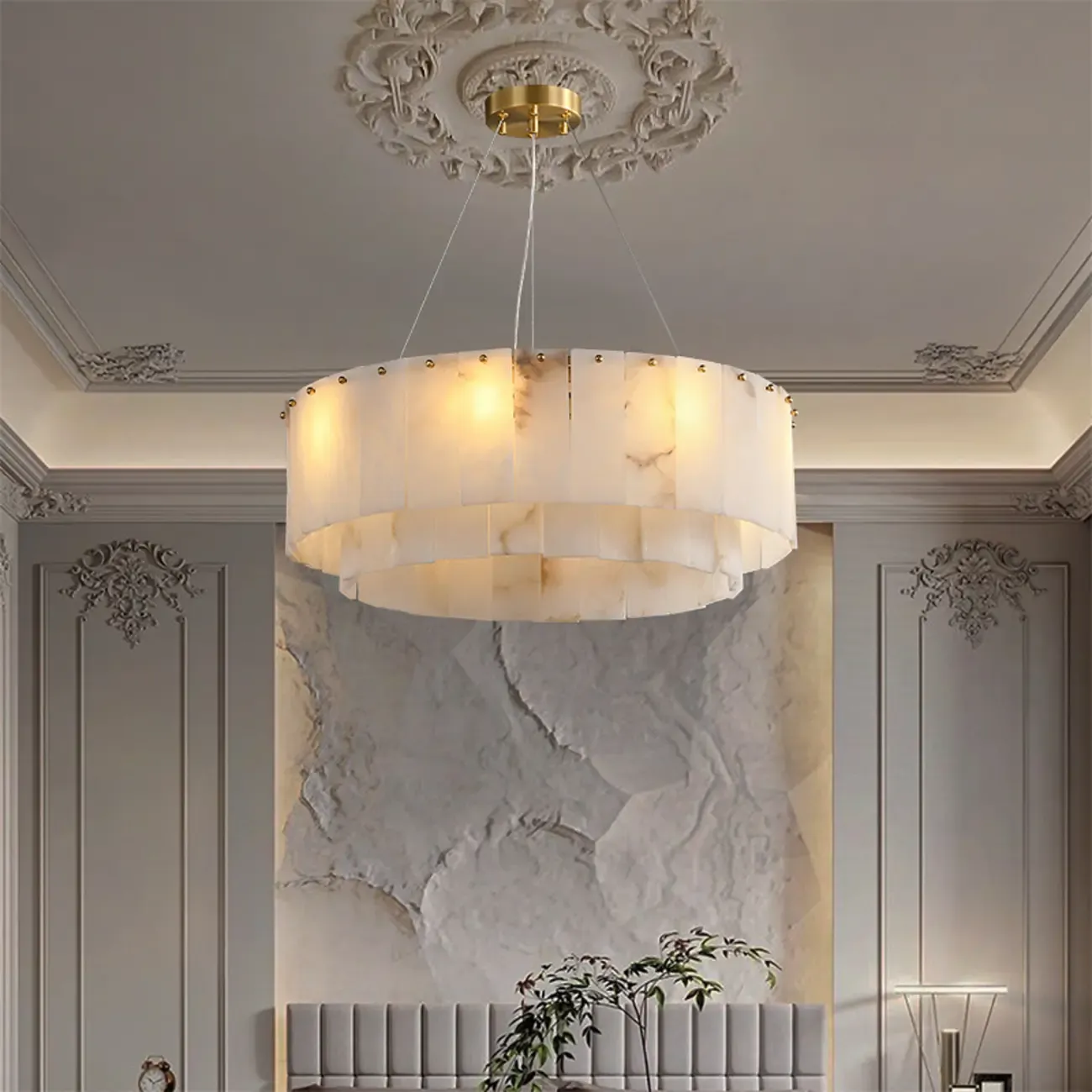 White Circular Alabaster Modern Ring Chandelier Light Image - 3