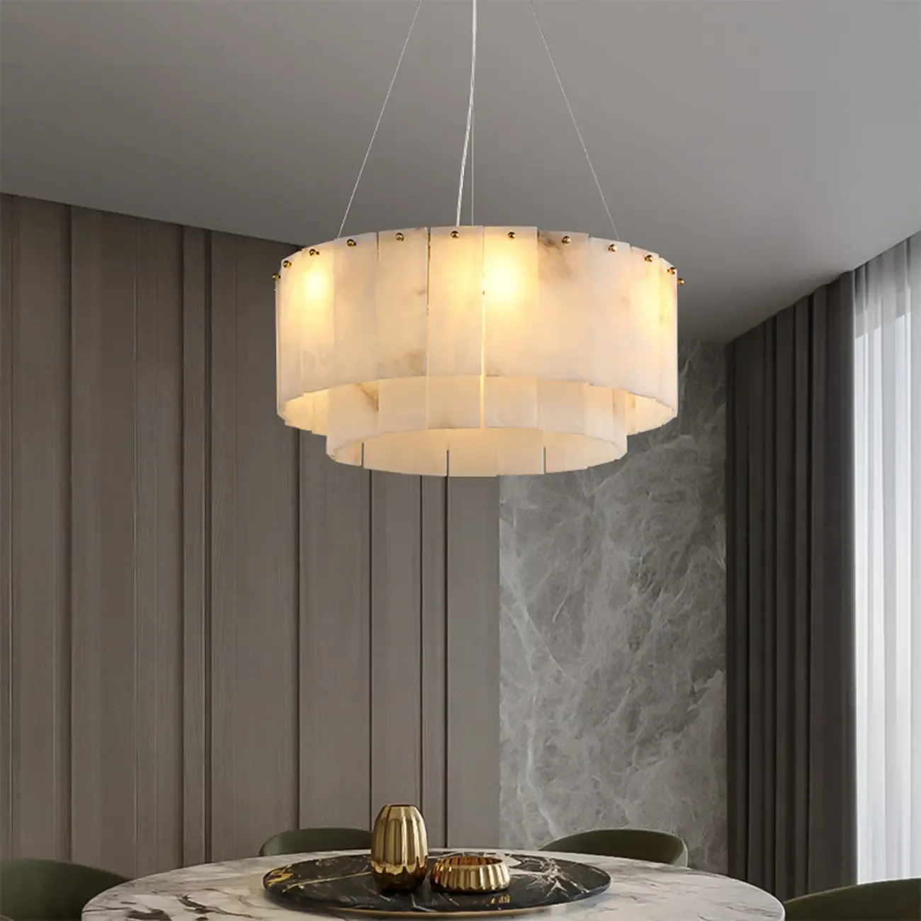 White Circular Alabaster Modern Ring Chandelier Light Image - 4