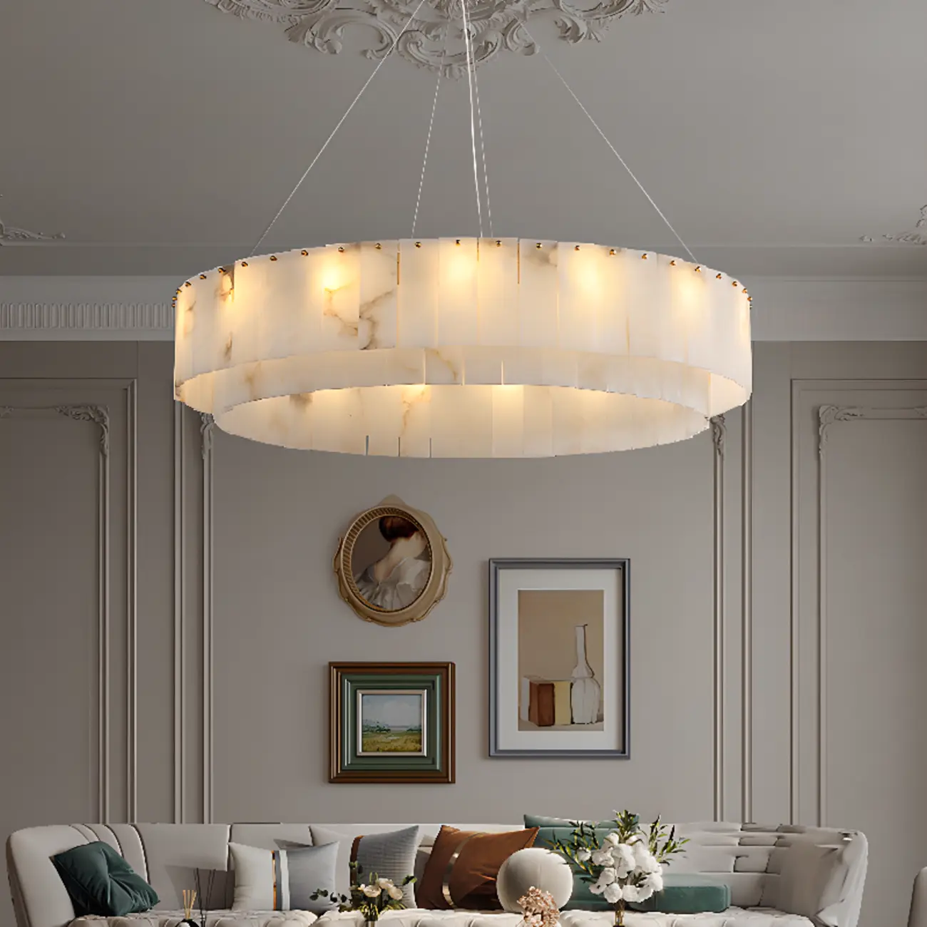 White Circular Alabaster Modern Ring Chandelier Light Image - 2 | homeyfad