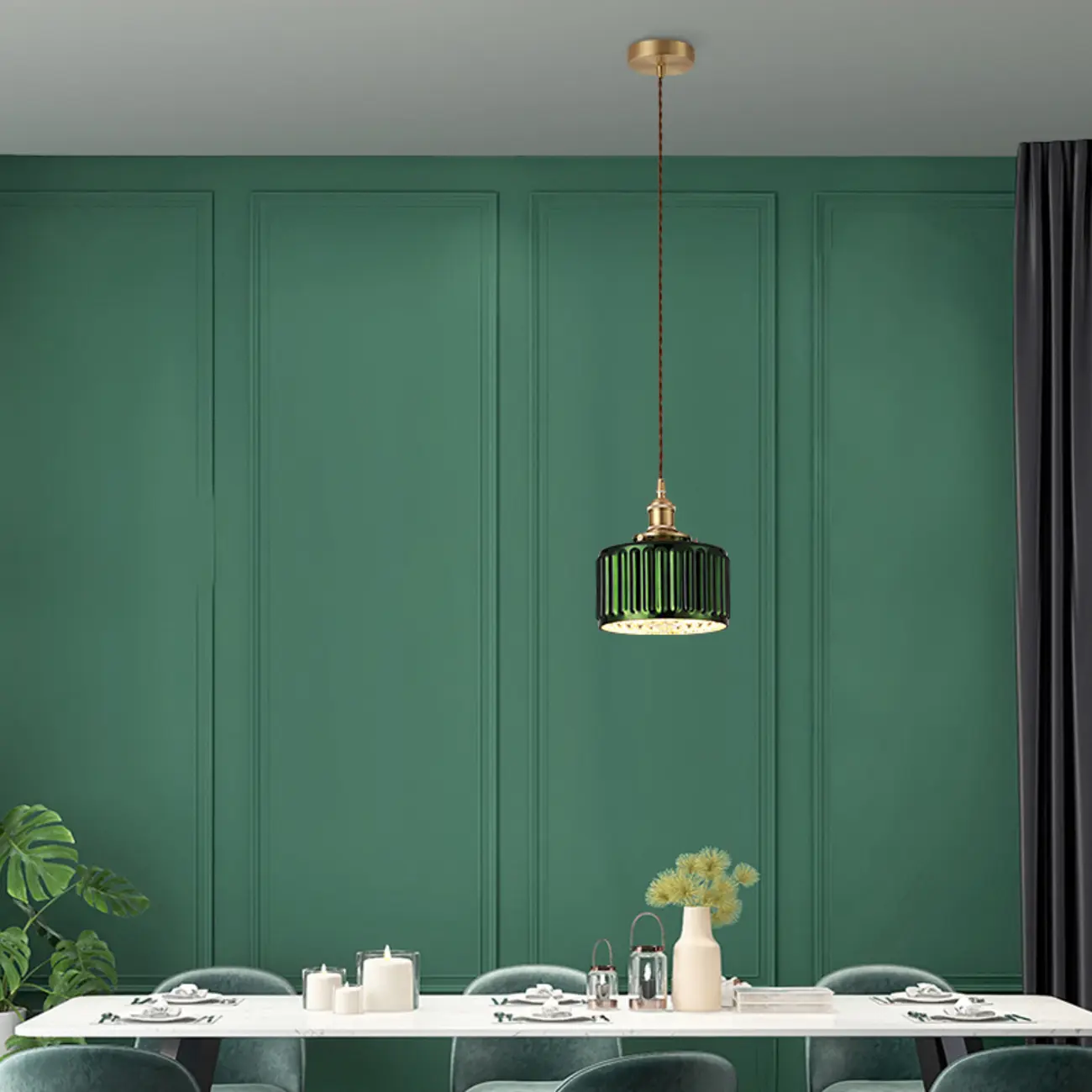 Modern Green Glass Pendant Light Adjustable for Kitchen Dining Image - 3 | homeyfad