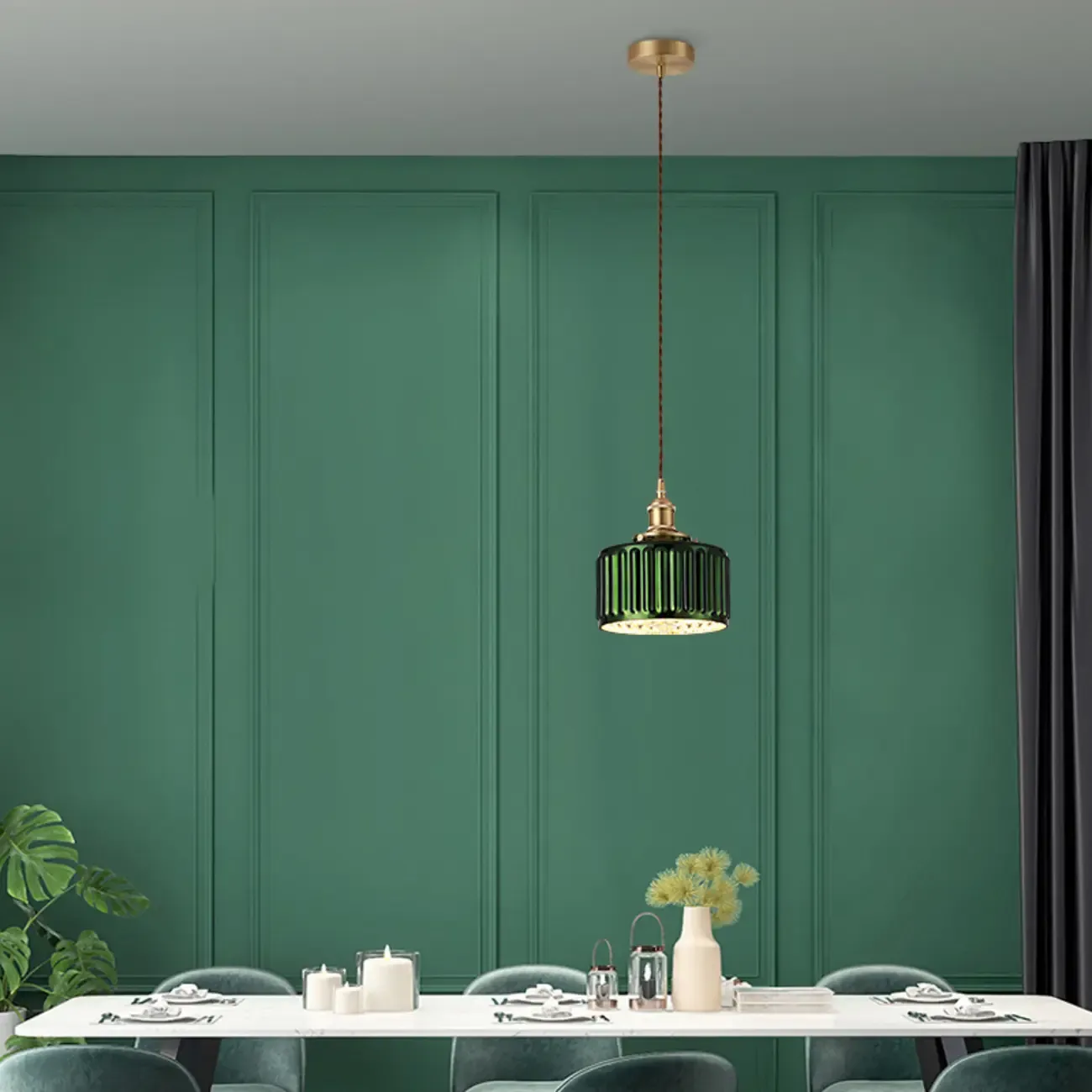 Modern Green Glass Pendant Light Adjustable for Kitchen Dining Image - 3