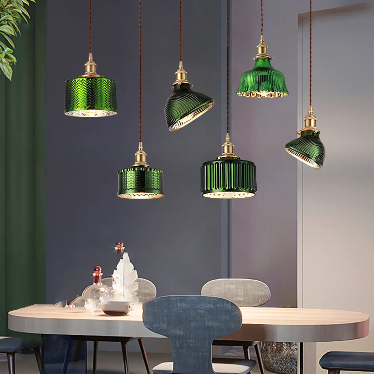 Modern Green Glass Pendant Light Adjustable for Kitchen Dining Image - 4 | homeyfad