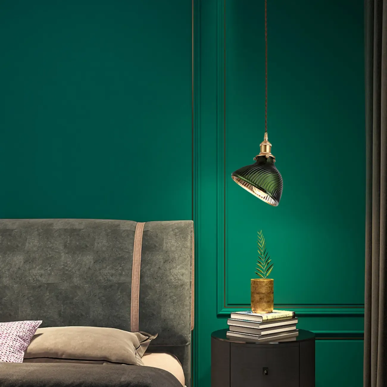 Modern Green Glass Pendant Light Adjustable for Kitchen Dining Image - 7