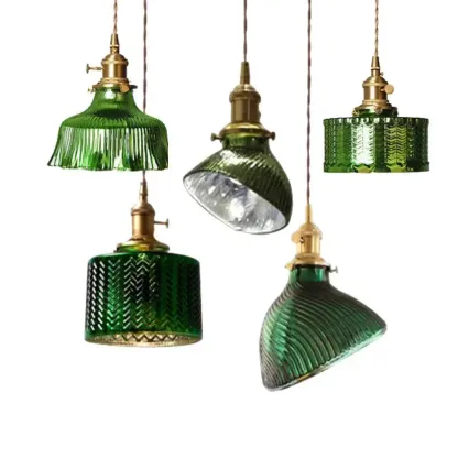 Modern Green Glass Pendant Light Adjustable for Kitchen Dining Image - 9