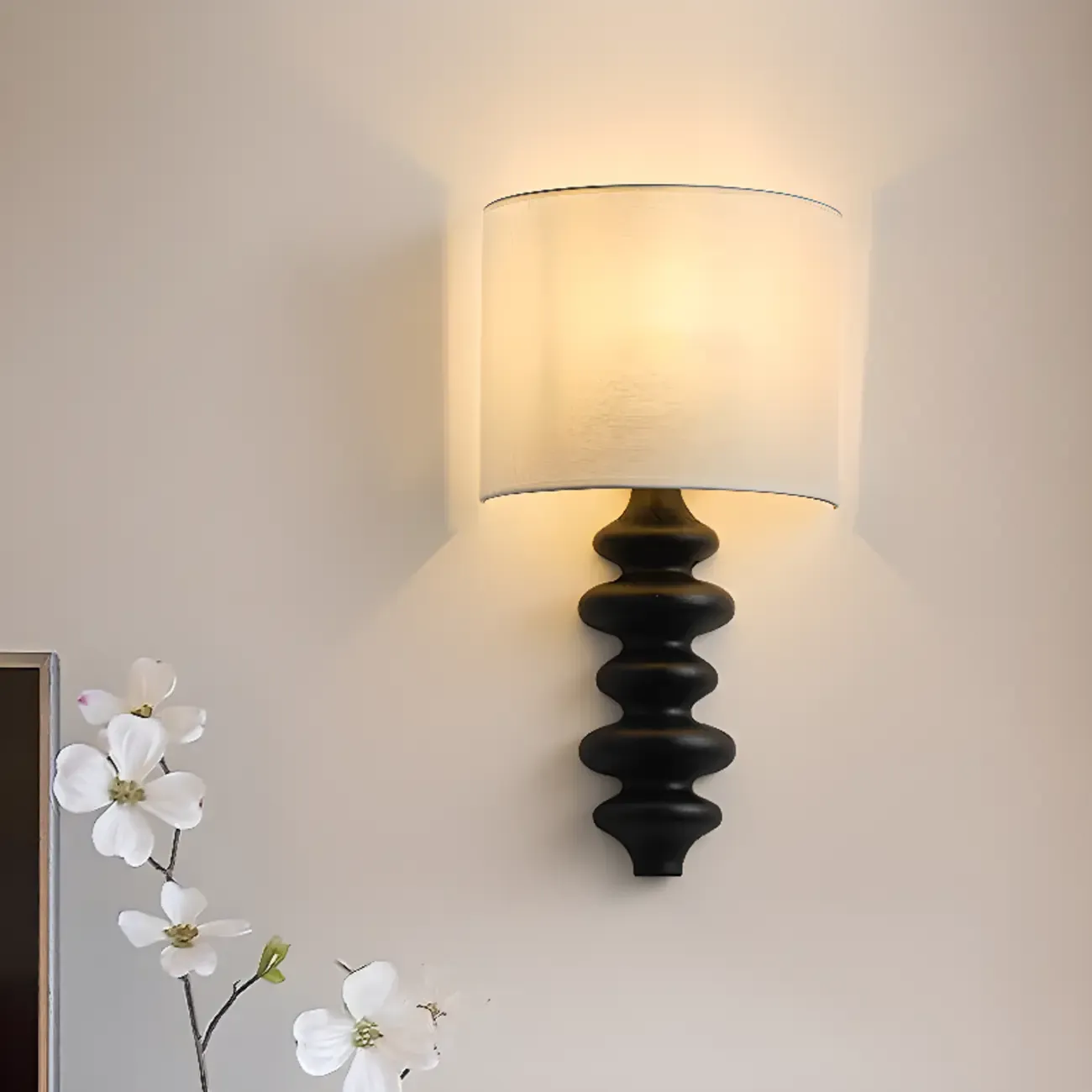 21"H Modern Geometric Wooden Wall Sconce with Fabric Shade