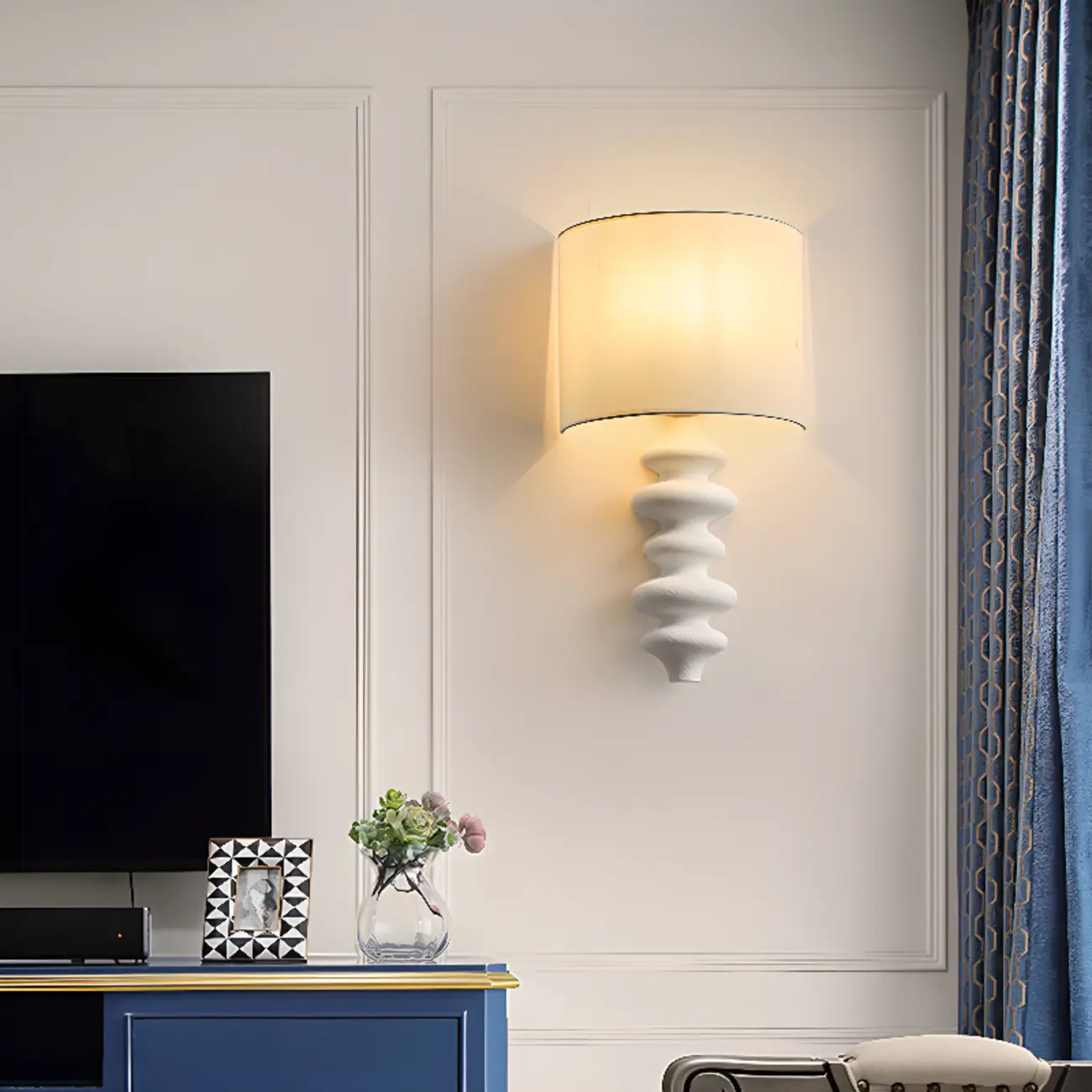 21"H Modern Geometric Wooden Wall Sconce with Fabric Shade | homeyfad