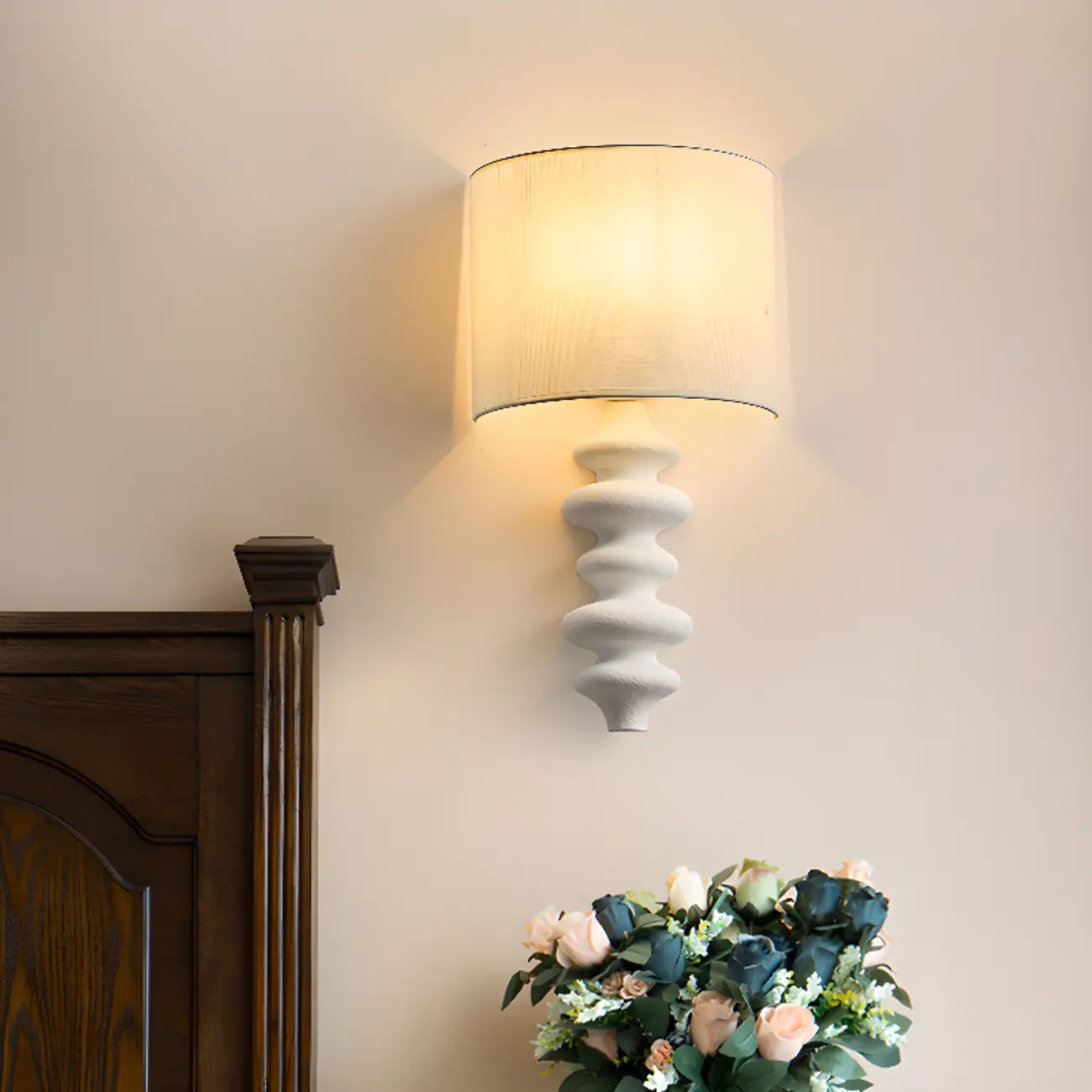 21"H Modern Geometric Wooden Wall Sconce with Fabric Shade | homeyfad