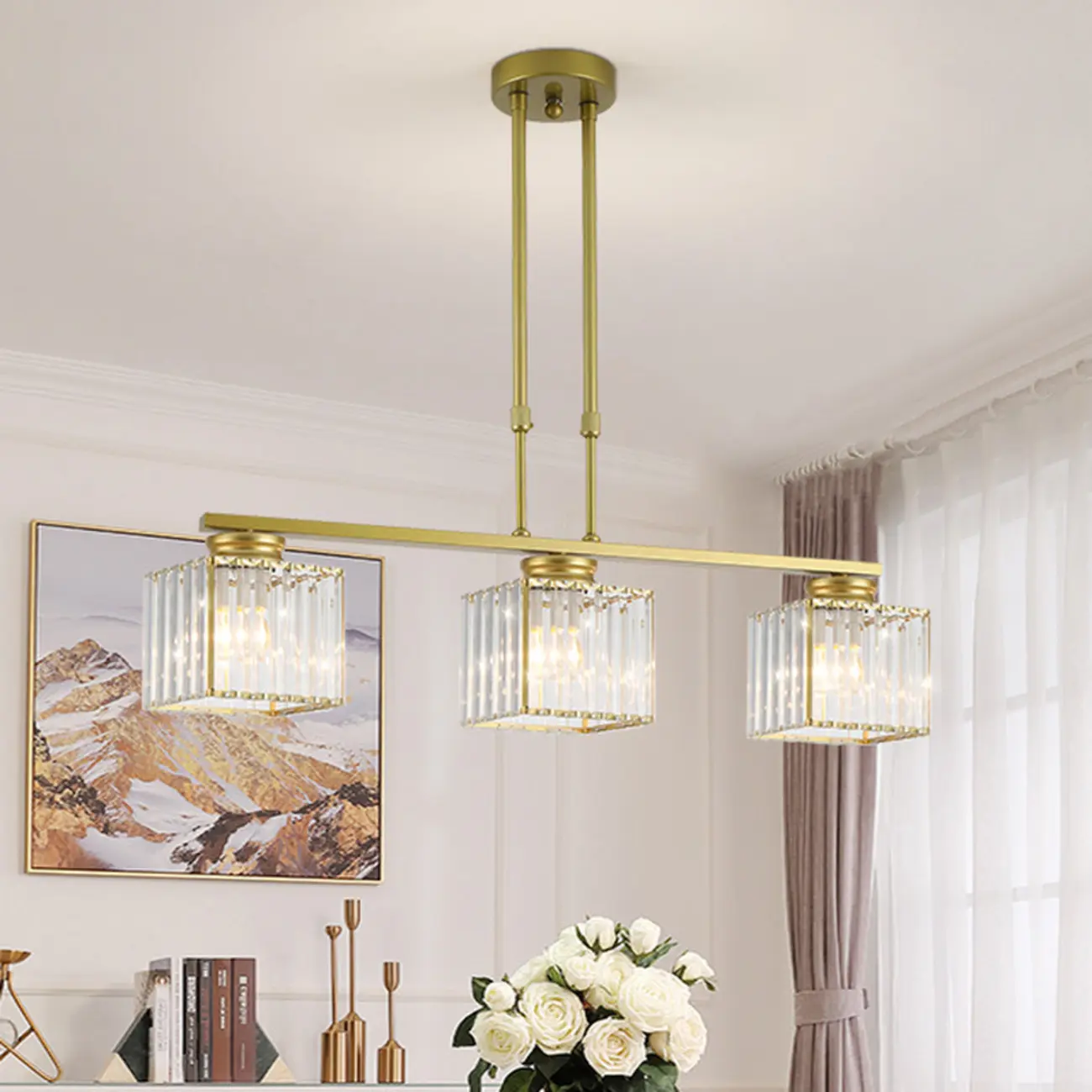 Golden 3-Light Glass LED Square Island Pendant Light | homeyfad