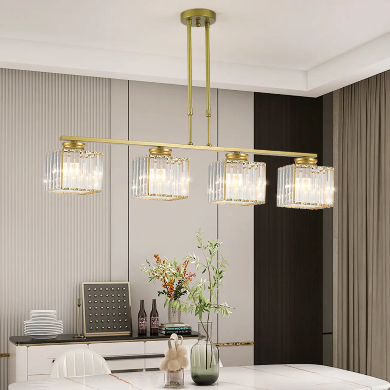 Golden 3-Light Glass LED Square Island Pendant Light | homeyfad