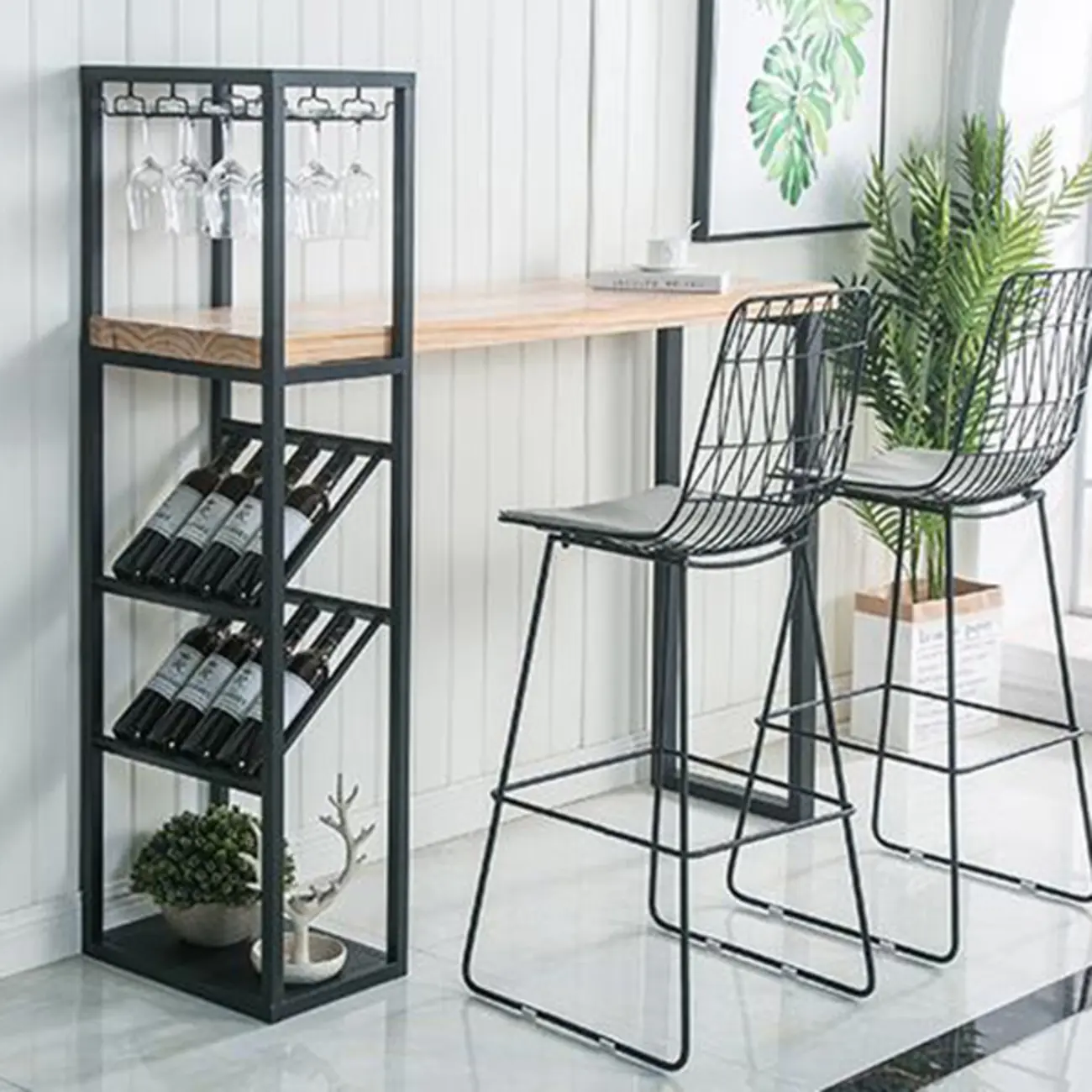 Glam White-Gold 2-Tier Shelves Bar Tables with Stemware Holders Image - 2 | homeyfad