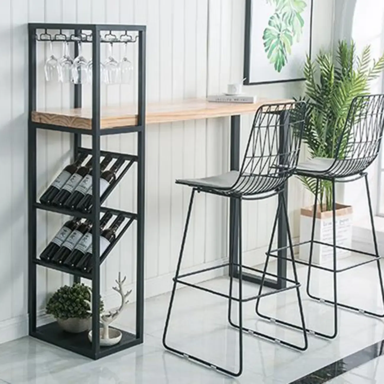 Glam White-Gold 2-Tier Shelves Bar Tables with Stemware Holders Image - 2