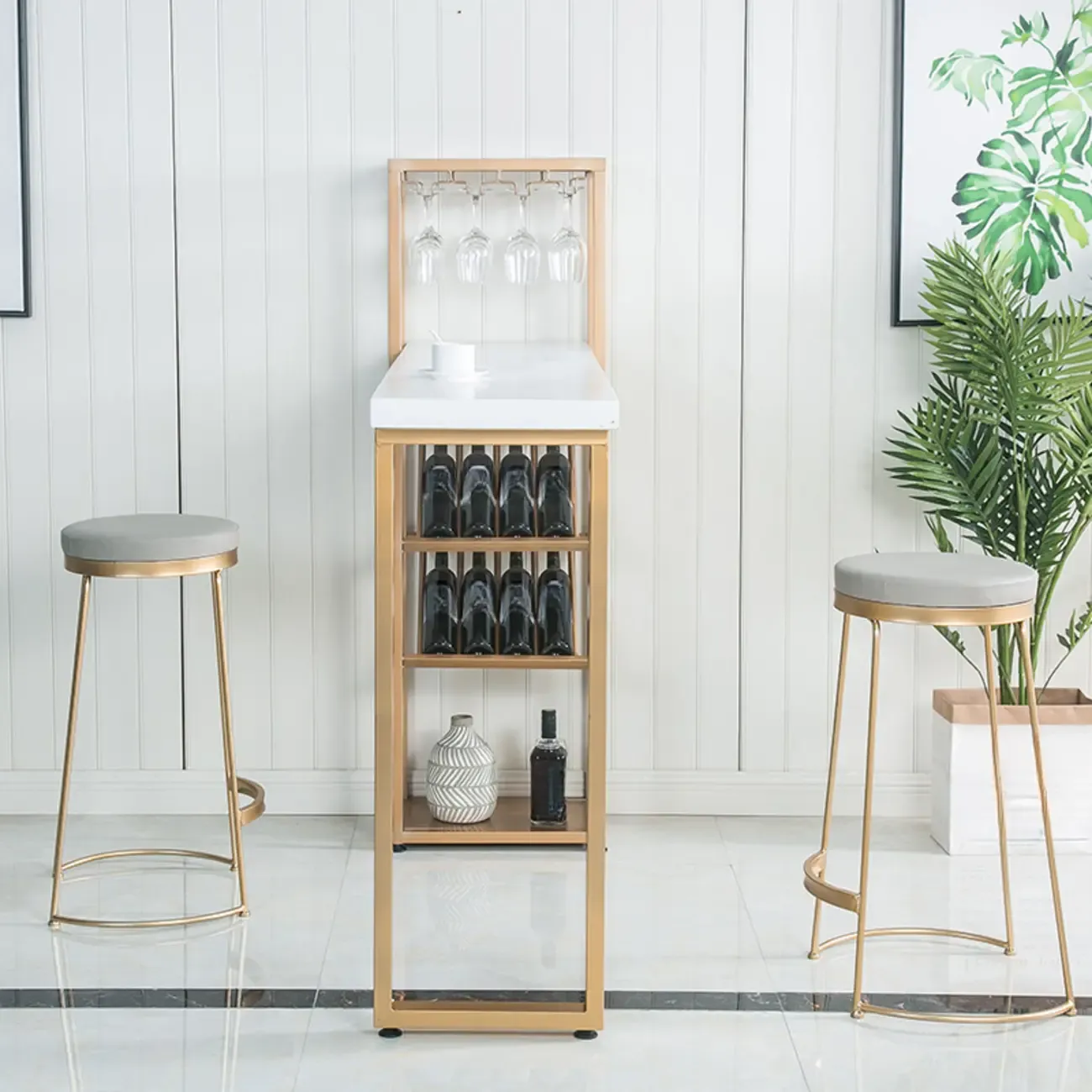 Glam White-Gold 2-Tier Shelves Bar Tables with Stemware Holders Image - 3