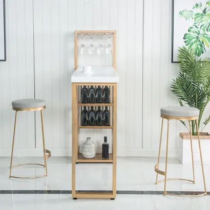 Glam White-Gold 2-Tier Shelves Bar Tables with Stemware Holders Image - 3