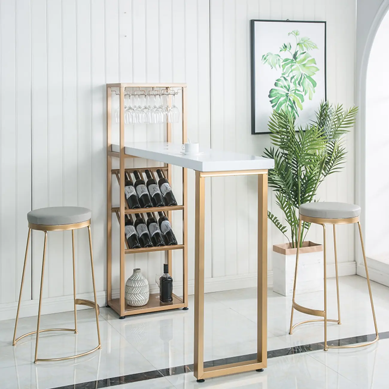 Glam White-Gold 2-Tier Shelves Bar Tables with Stemware Holders Image - 4 | homeyfad