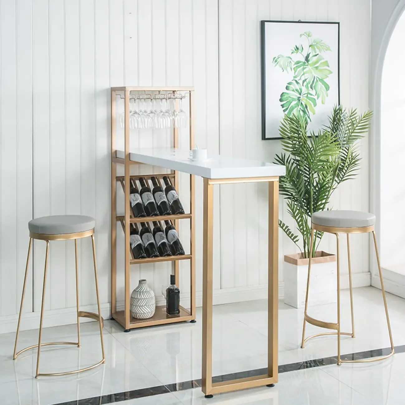 Glam White-Gold 2-Tier Shelves Bar Tables with Stemware Holders Image - 4