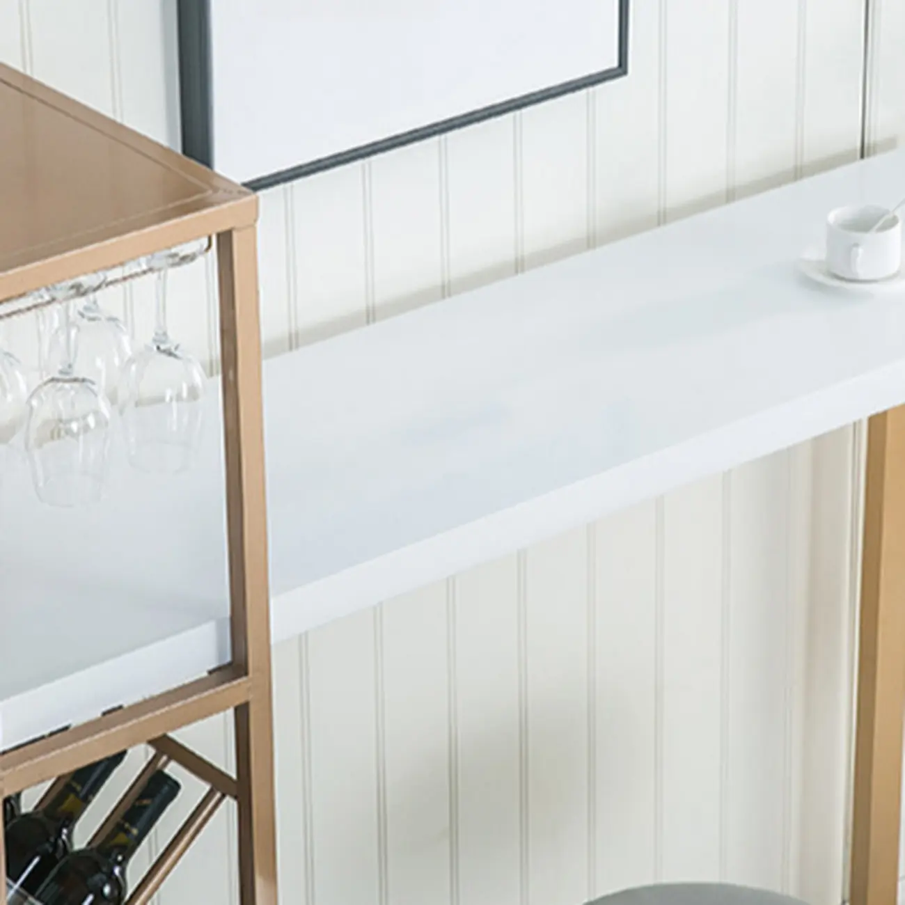 Glam White-Gold 2-Tier Shelves Bar Tables with Stemware Holders Image - 9 | homeyfad