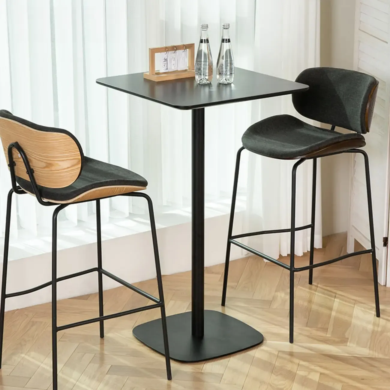 Minimalist Square Black Bar Table Metal Base for 2 Seats Image - 1
