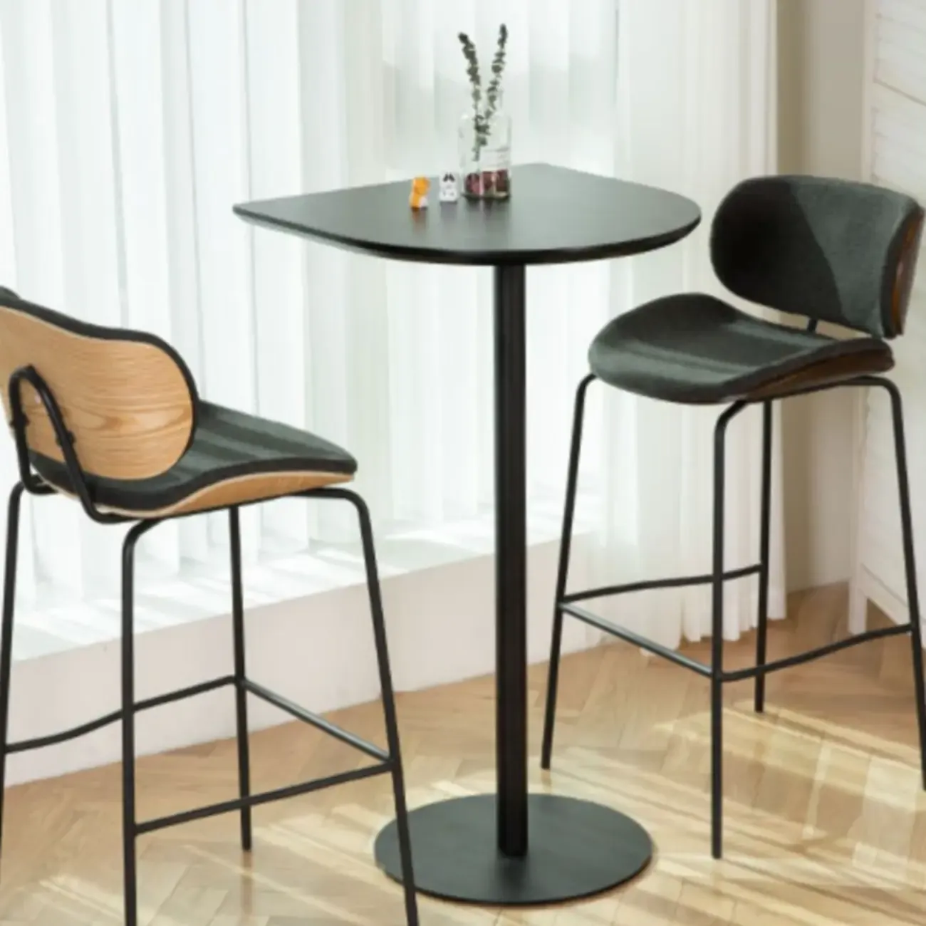 Minimalist Square Black Bar Table Metal Base for 2 Seats Image - 4