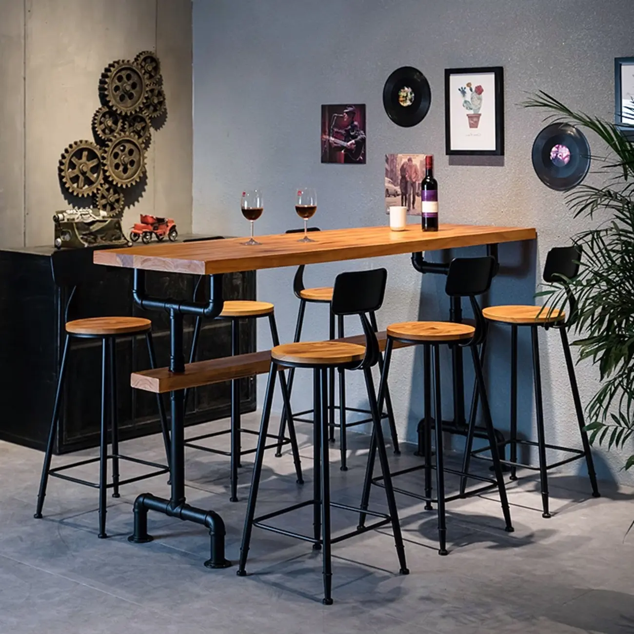 Industrial Brown Wooden Fixed Top Metal Leg Bar Tables Image - 1 | homeyfad