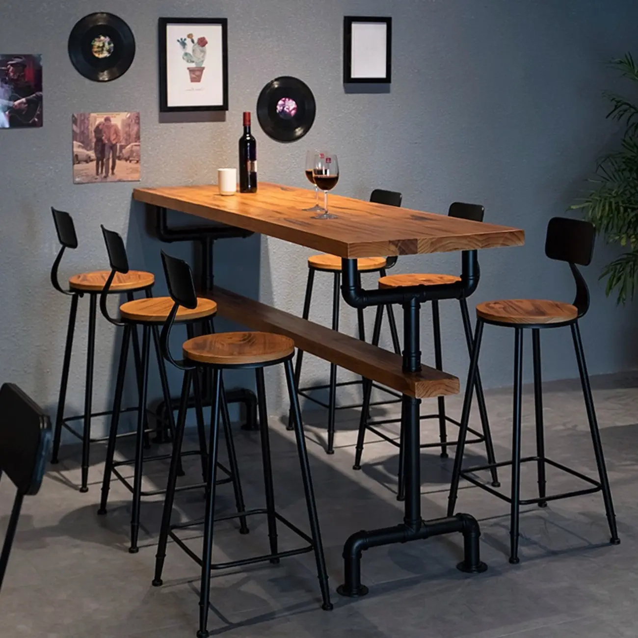 Industrial Brown Wooden Fixed Top Metal Leg Bar Tables Image - 2 | homeyfad