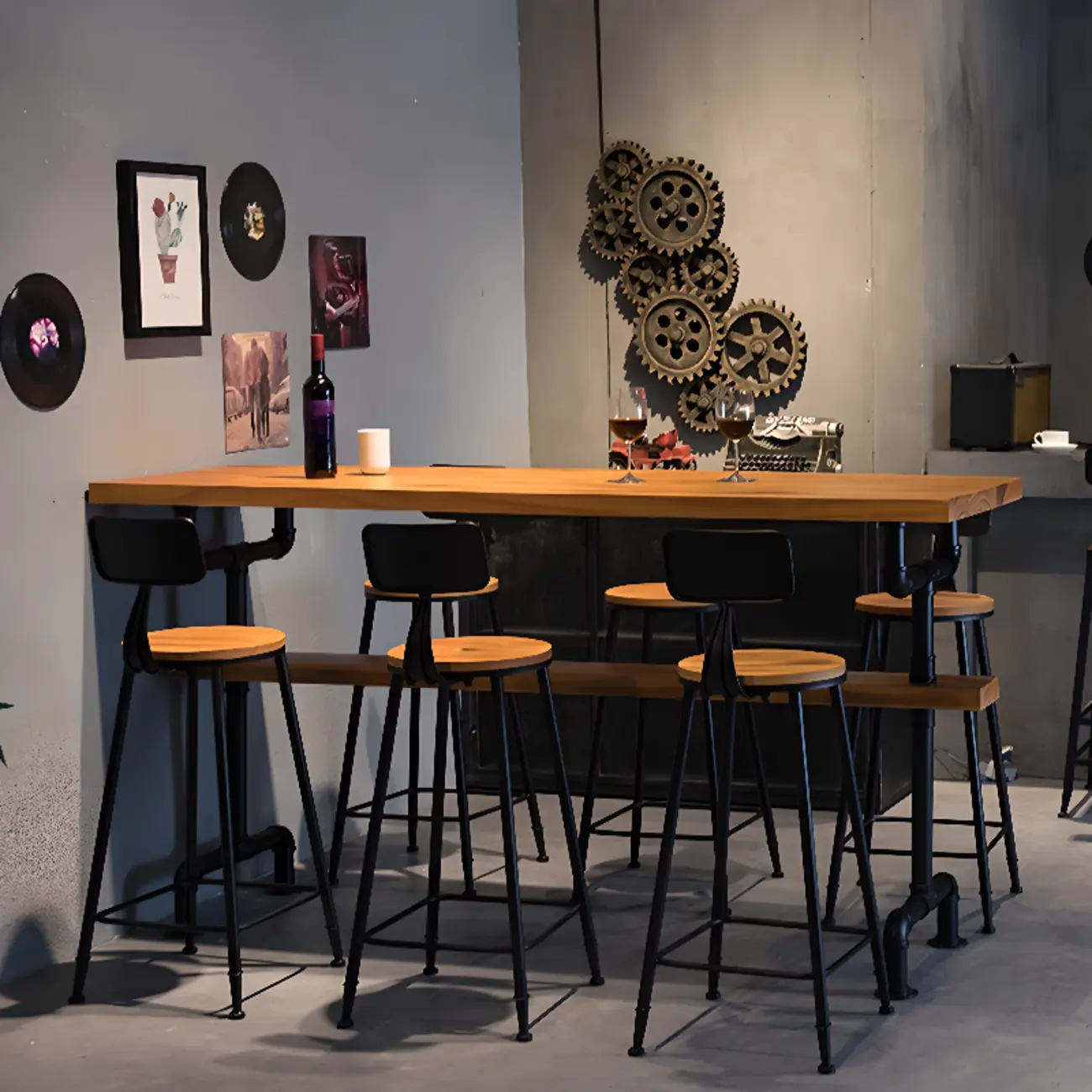 Industrial Brown Wooden Fixed Top Metal Leg Bar Tables Image - 4 | homeyfad