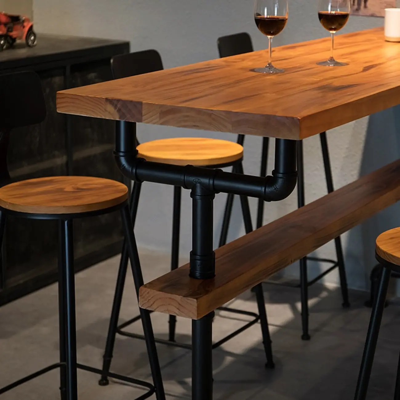 Industrial Brown Wooden Fixed Top Metal Leg Bar Tables Image - 6 | homeyfad