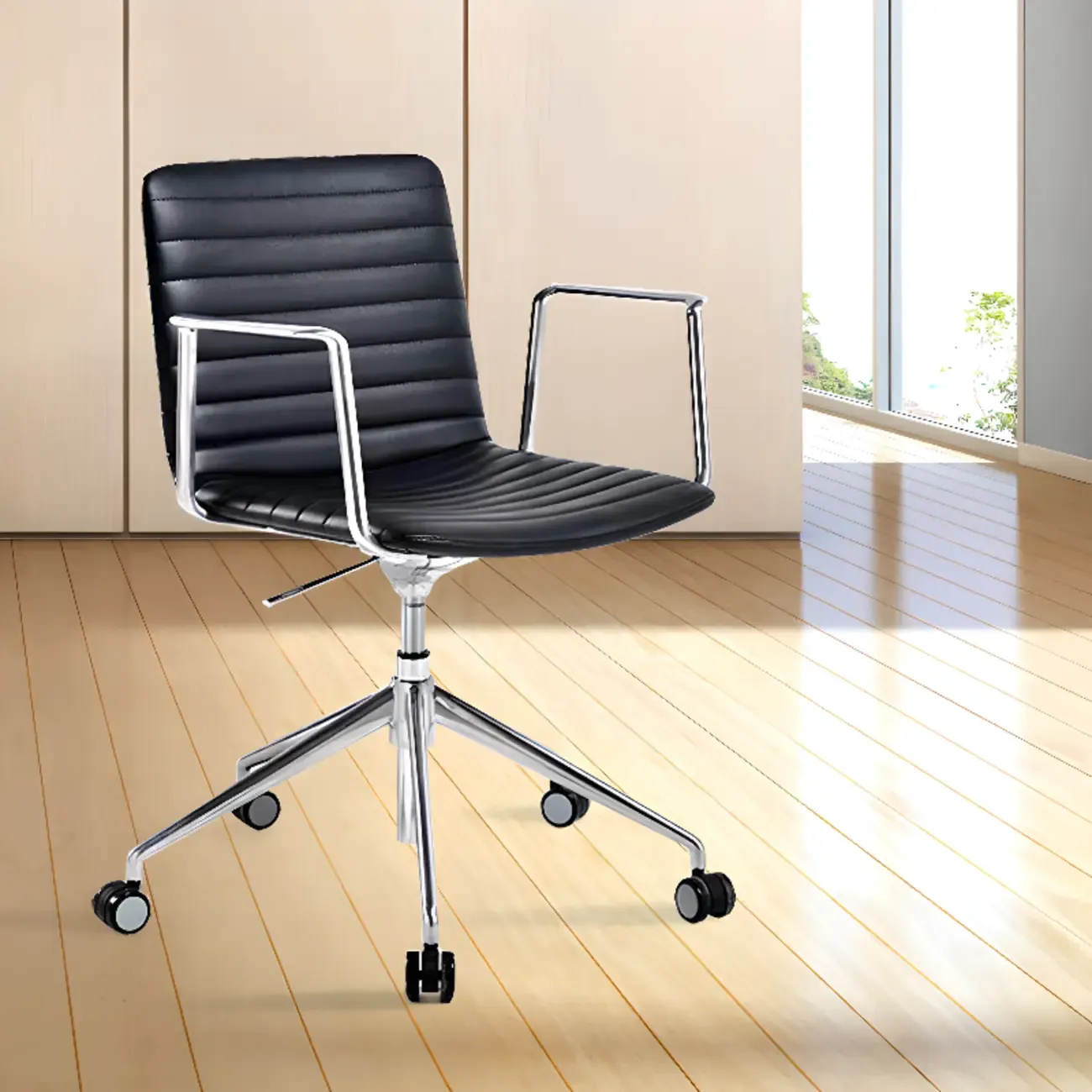 Modern Black Leather Metal Adjustable Swivel Office Chair Image - 2