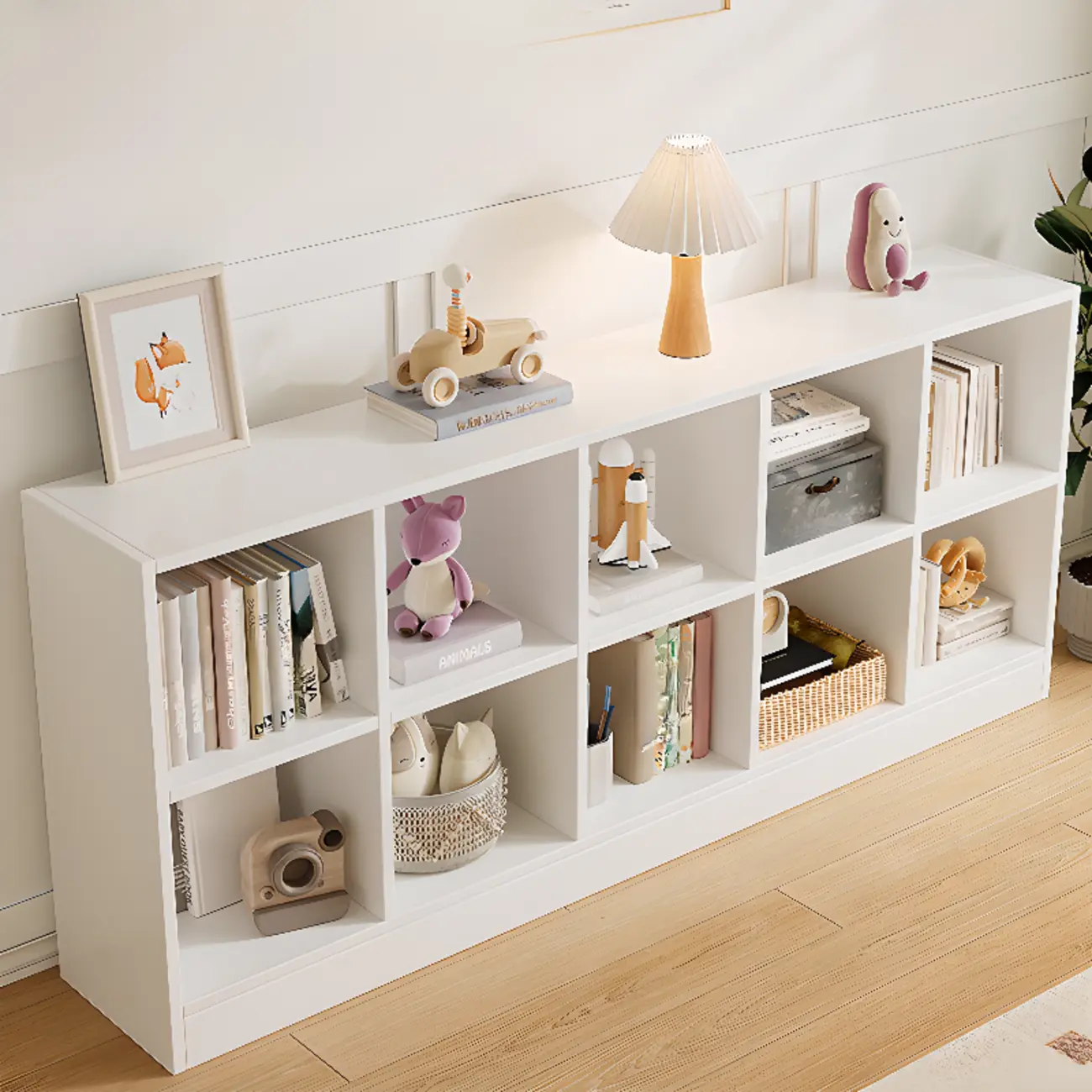 Wide 8-Cube White Wooden Storage Shelf Bookcase Image - 3 | homeyfad