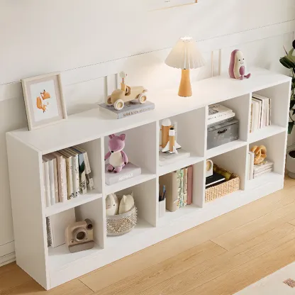 Wide 8-Cube White Wooden Storage Shelf Bookcase Image - 3