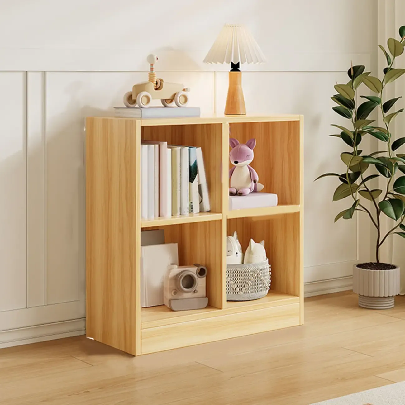 Wide 8-Cube White Wooden Storage Shelf Bookcase Image - 5