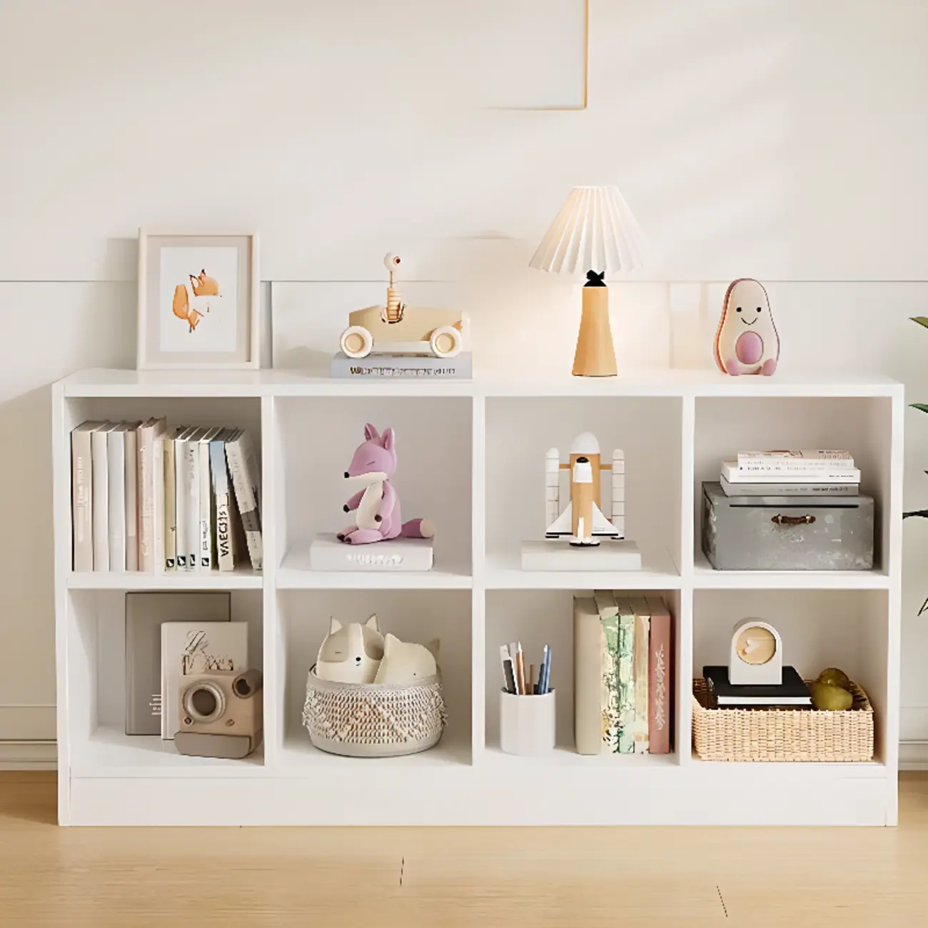 Wide 8-Cube White Wooden Storage Shelf Bookcase Image - 1 | homeyfad
