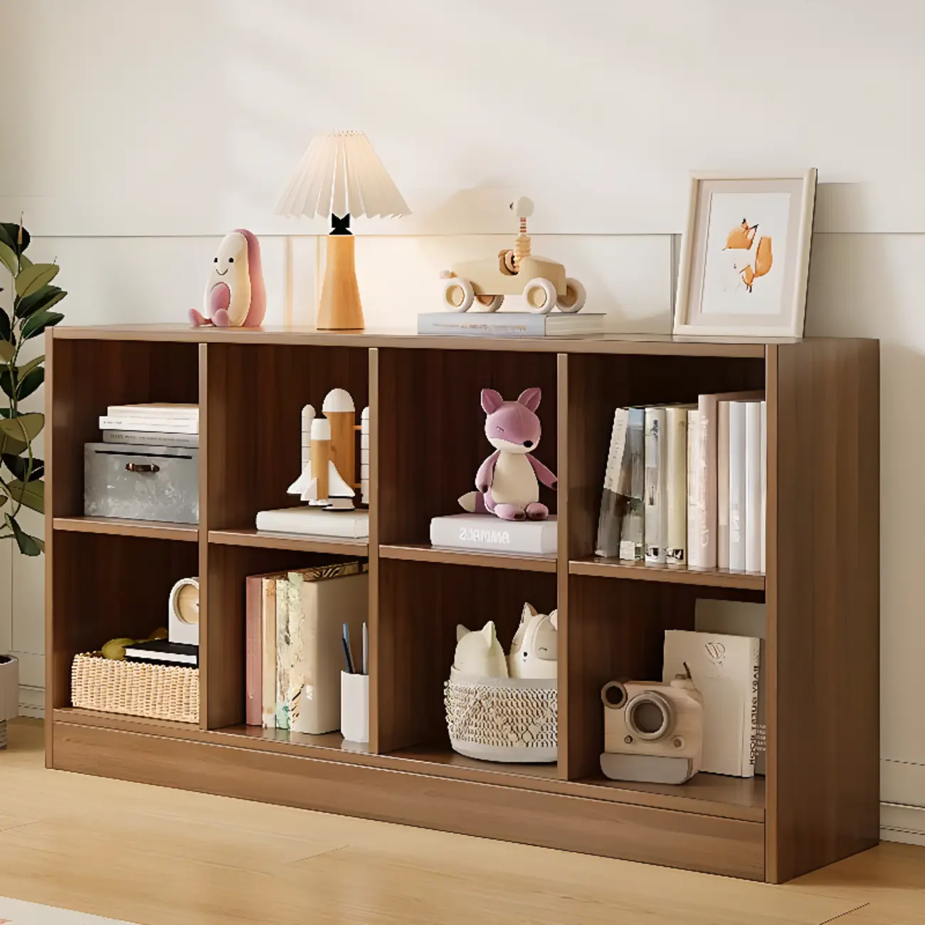 Wide 8-Cube White Wooden Storage Shelf Bookcase Image - 2 | homeyfad