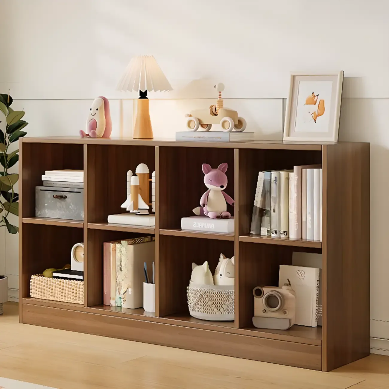 Wide 8-Cube White Wooden Storage Shelf Bookcase Image - 2