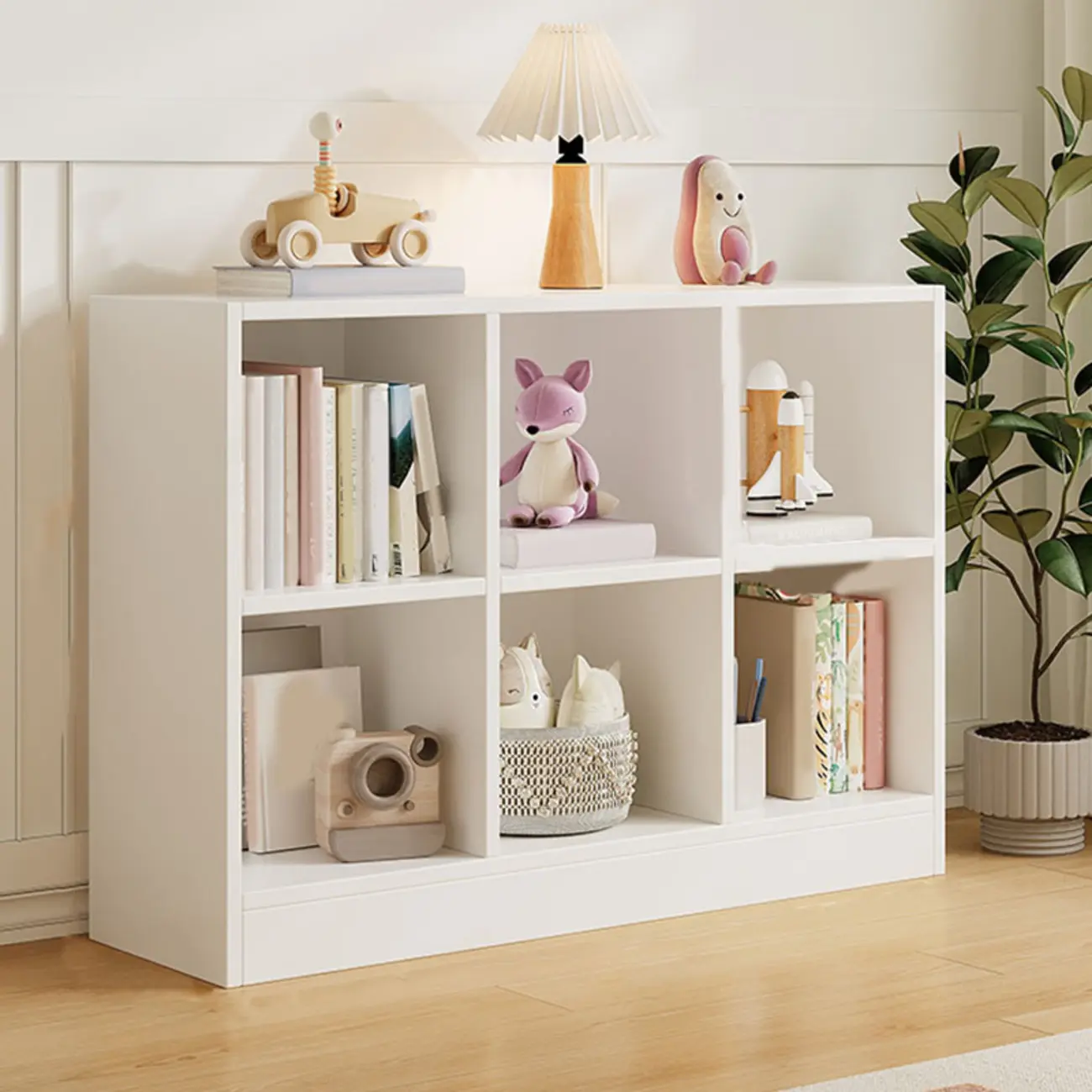 Wide 8-Cube White Wooden Storage Shelf Bookcase Image - 12 | homeyfad