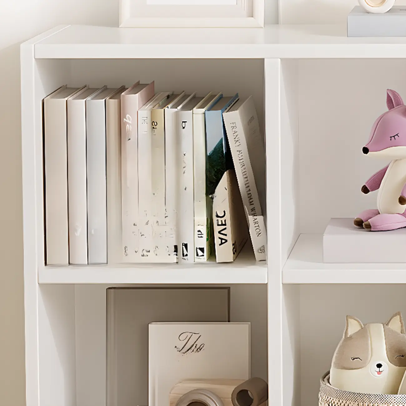 Wide 8-Cube White Wooden Storage Shelf Bookcase Image - 19 | homeyfad