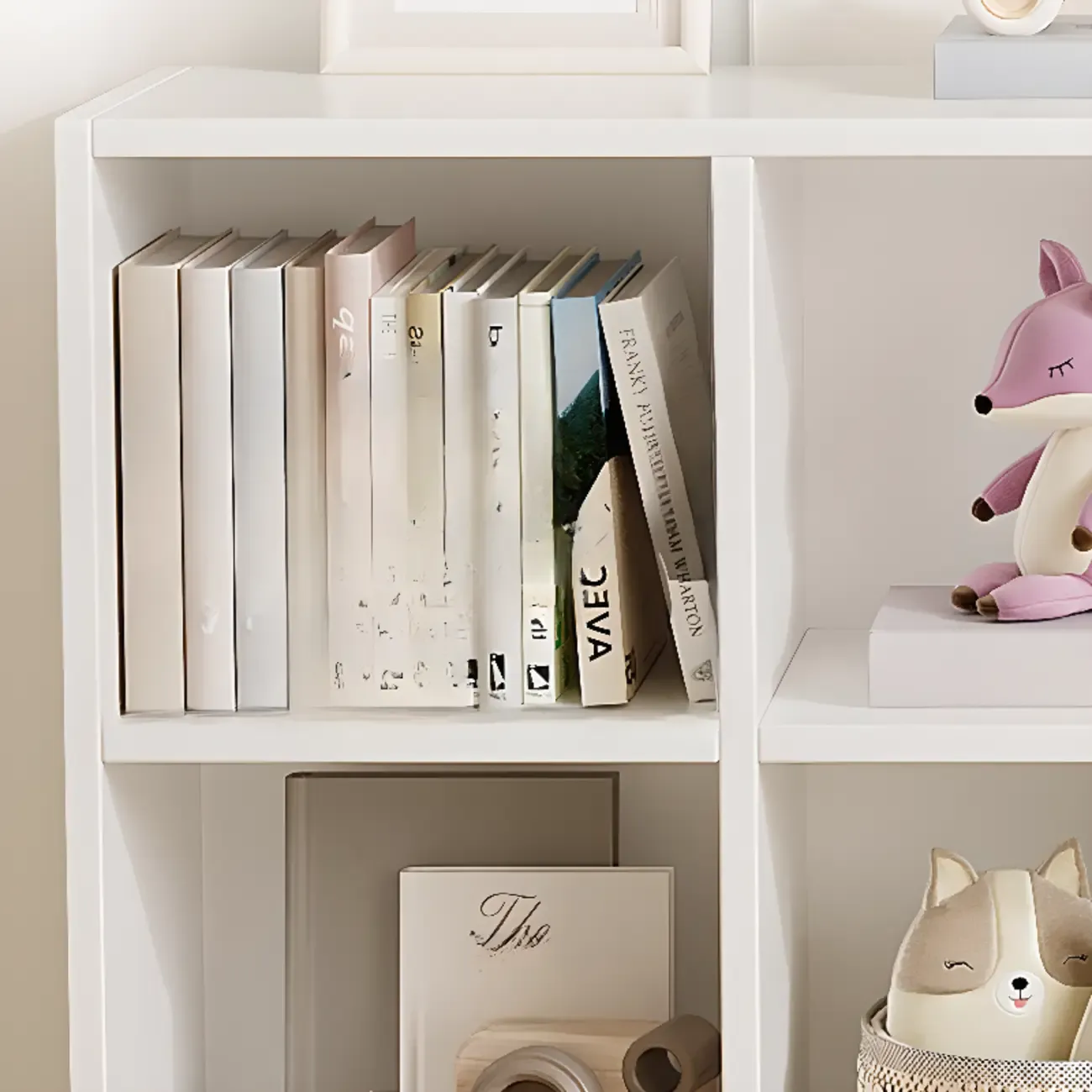 Wide 8-Cube White Wooden Storage Shelf Bookcase Image - 19