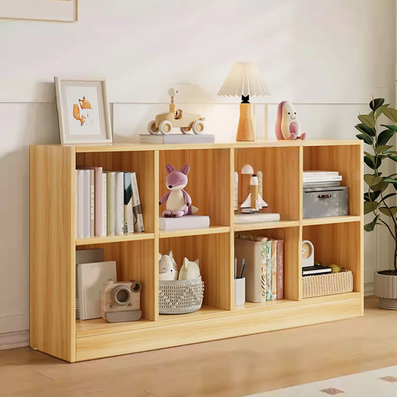 Wide 8-Cube White Wooden Storage Shelf Bookcase Image - 21 | homeyfad