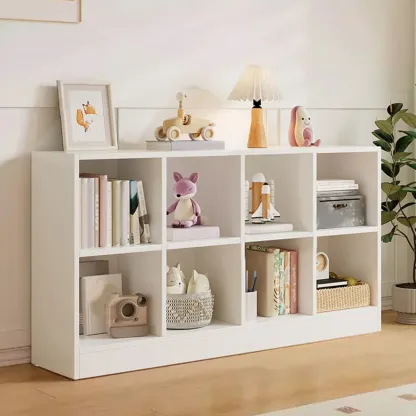 Wide 8-Cube White Wooden Storage Shelf Bookcase Image - 22