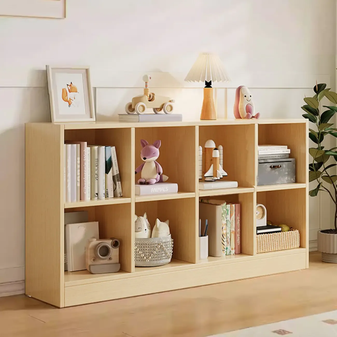 Wide 8-Cube White Wooden Storage Shelf Bookcase Image - 23