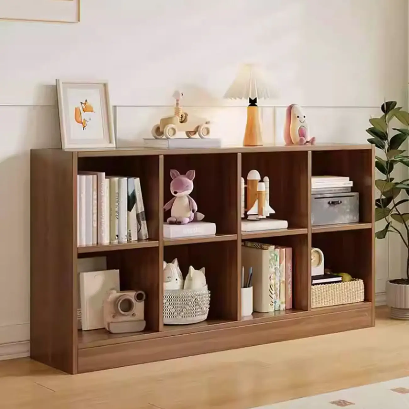 Wide 8-Cube White Wooden Storage Shelf Bookcase Image - 24 | homeyfad