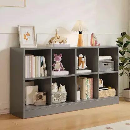 Wide 8-Cube White Wooden Storage Shelf Bookcase Image - 25