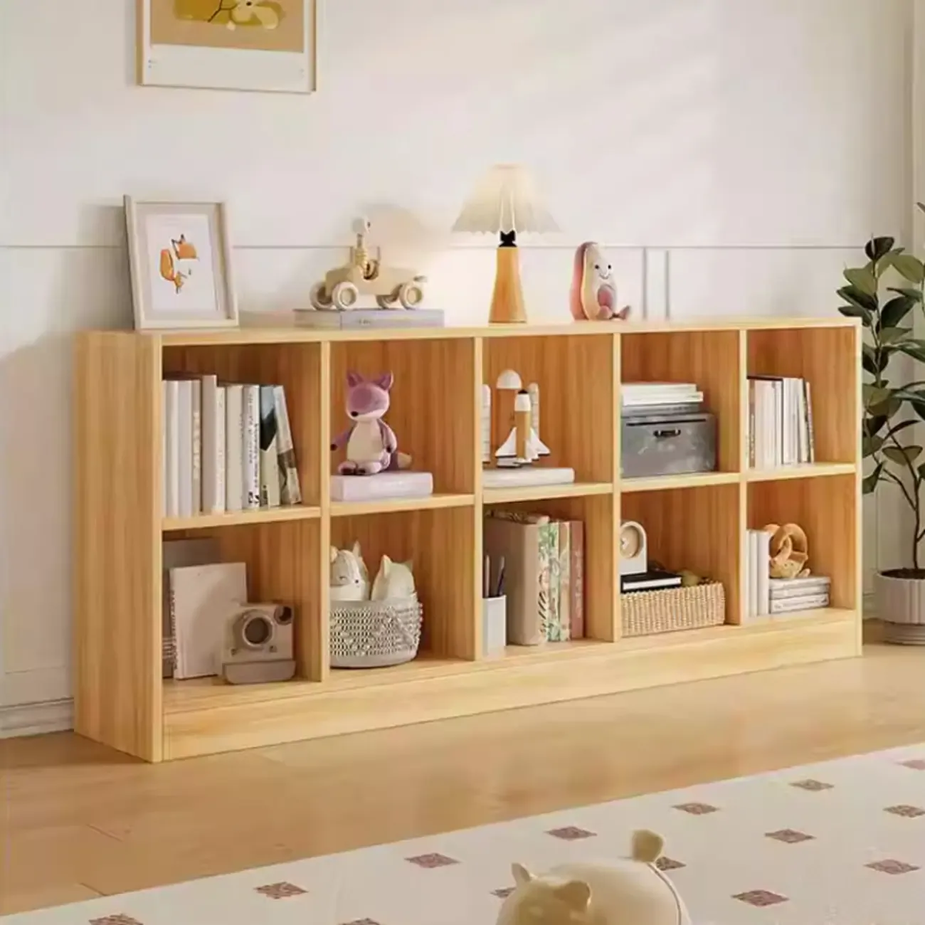 Wide 8-Cube White Wooden Storage Shelf Bookcase Image - 26