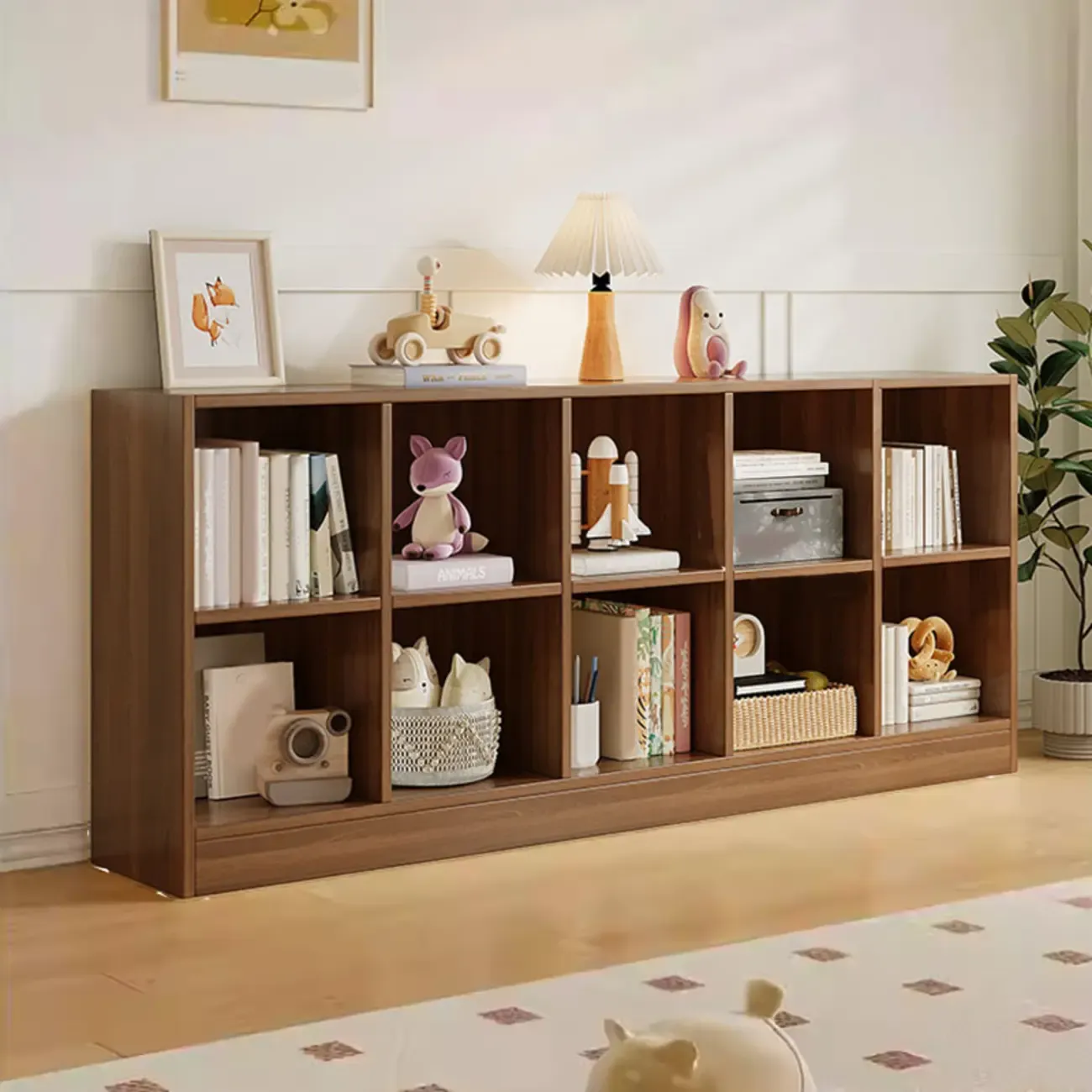 Wide 8-Cube White Wooden Storage Shelf Bookcase Image - 28