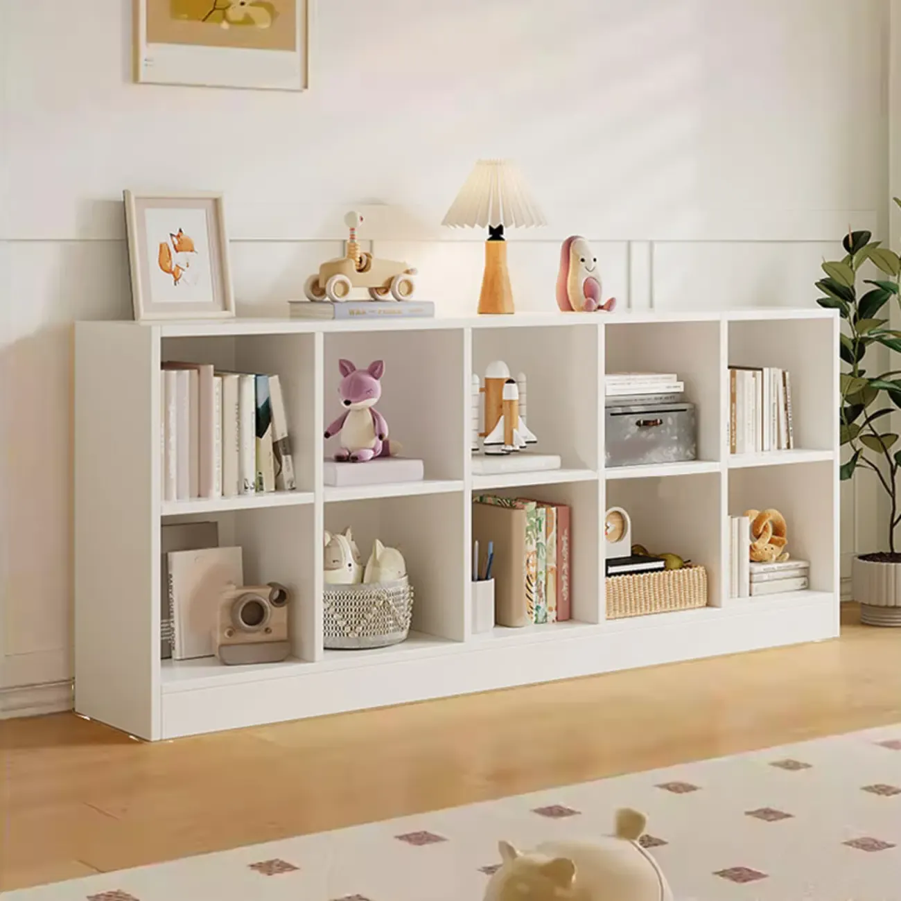 Wide 8-Cube White Wooden Storage Shelf Bookcase Image - 29