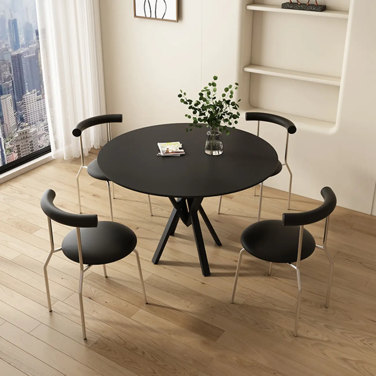 Solid Black Metal Stone Round Dining Table Image - 1 | homeyfad