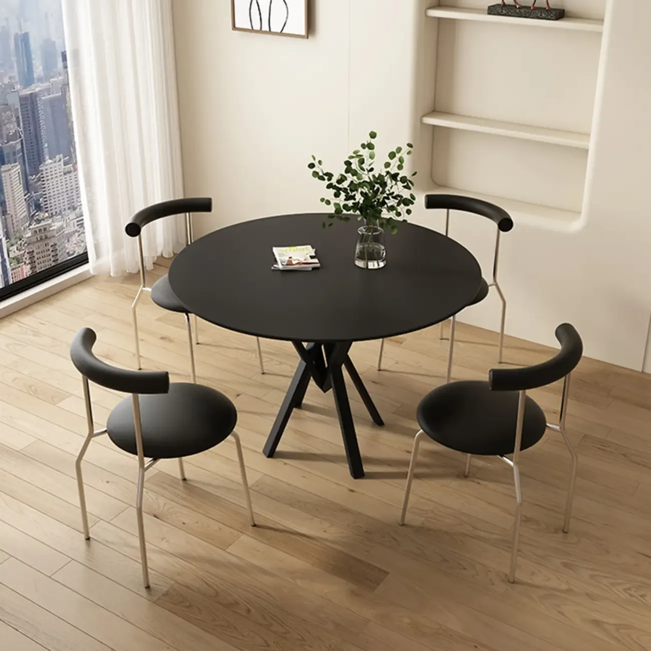 Solid Black Metal Stone Round Dining Table Image - 1