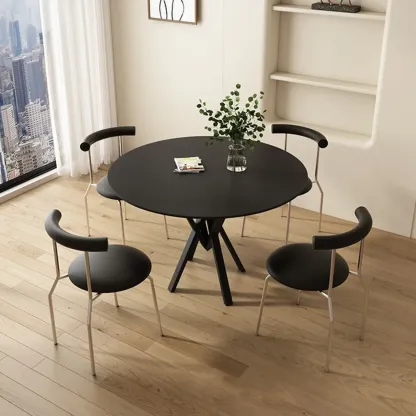 Solid Black Metal Stone Round Dining Table Image - 1