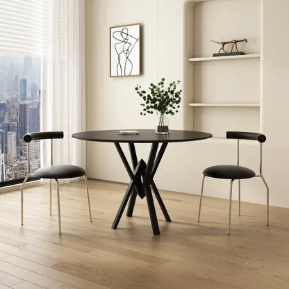 Solid Black Metal Stone Round Dining Table Image - 2