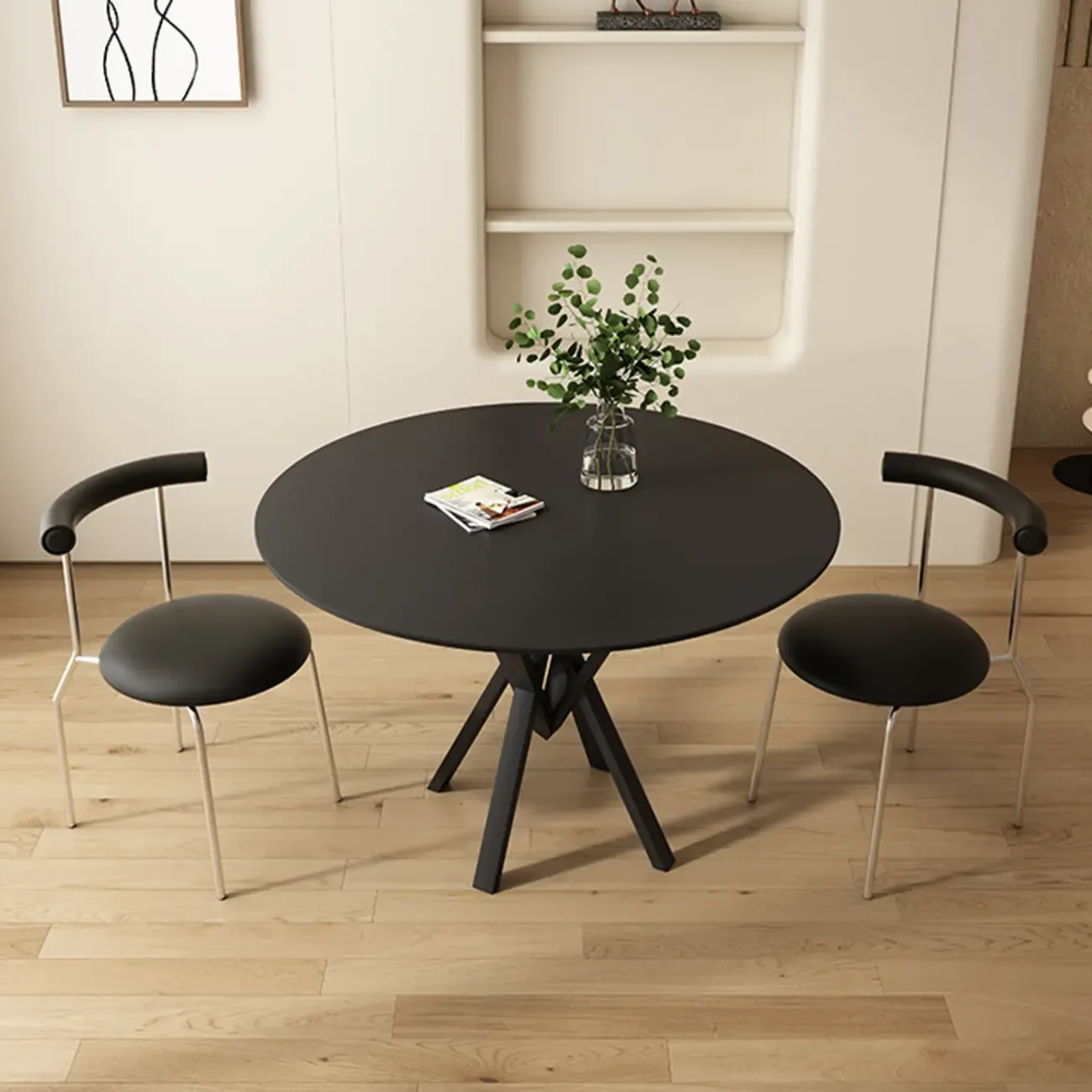 Solid Black Metal Stone Round Dining Table Image - 4