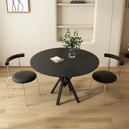 Solid Black Metal Stone Round Dining Table Image - 4